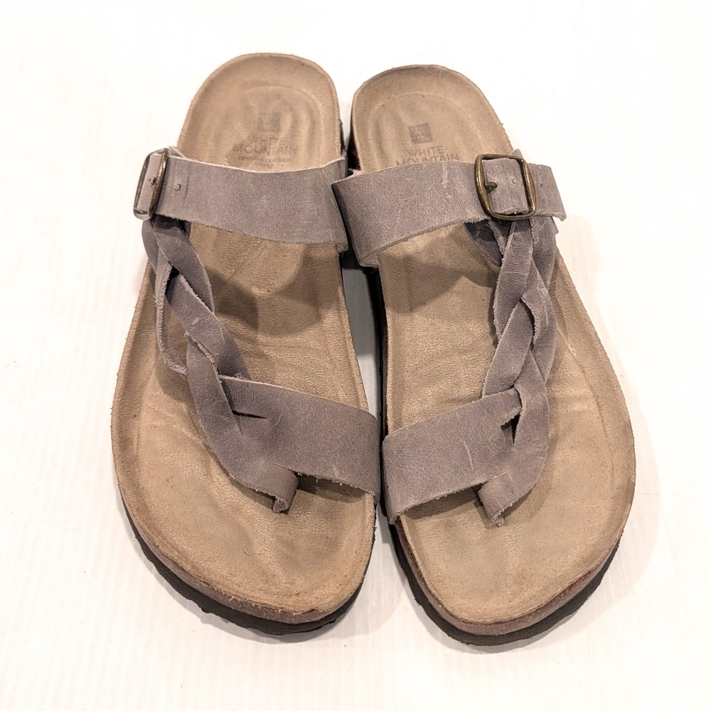 WHITE MOUNTAIN Women's Gray Leather Braided Strappy Toe Loop Sandals Size 10